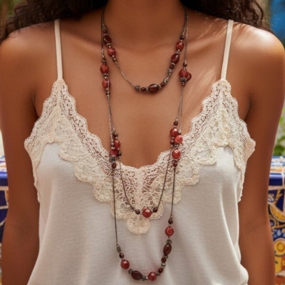 ✨️Brecciated Jasper And Huayruro Seeds Extremely Long Silver Necklace! NWOT!